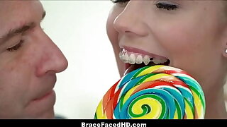 Little Blonde Teen Affectation Daughter Connected with Braces And Pigtails Fucked By Affectation Dad